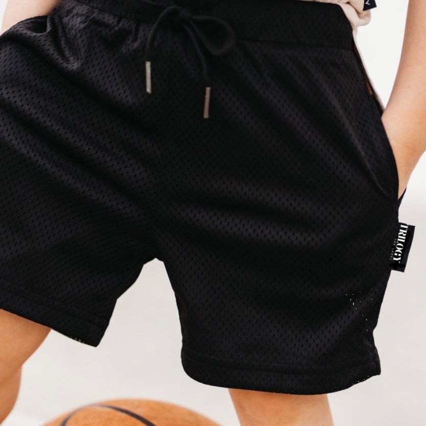 BLACK MESH GYM SHORTS