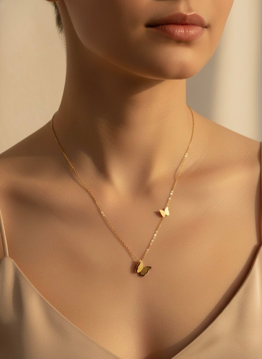 Gold Plated Butterfly Pendant Necklace – Stainless Steel Layered Jewelry | Child & Teen Safe | Amtikiss Casuals