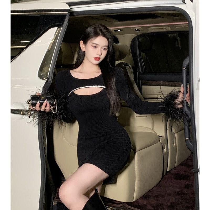 Black Party Dress With Ostrich Feathers.