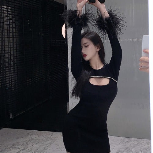 Black Party Dress With Ostrich Feathers.