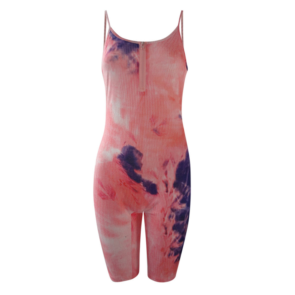 Womens Sleeveless Slim Tie-Dye Bodycon Sports Shorts Jumpsuit