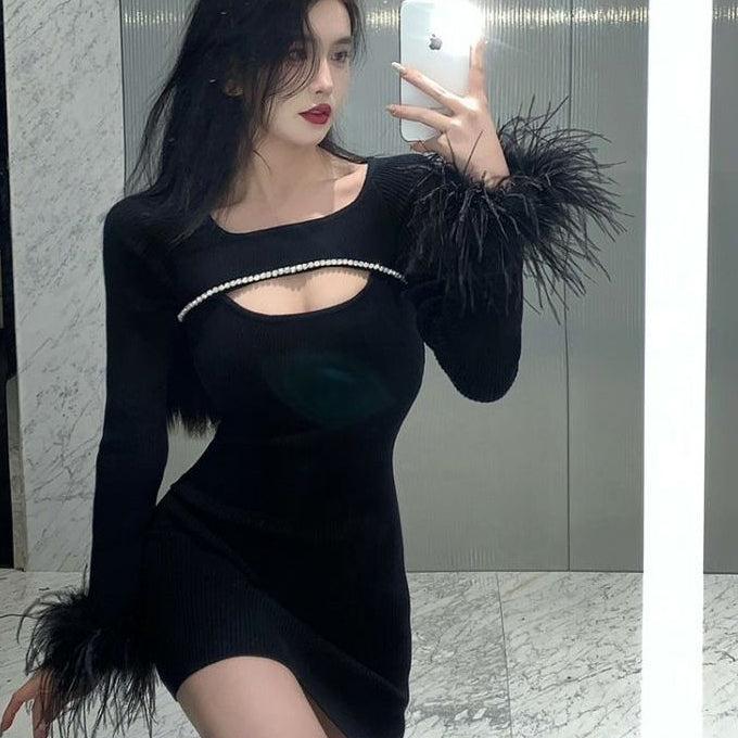 Black Party Dress With Ostrich Feathers.