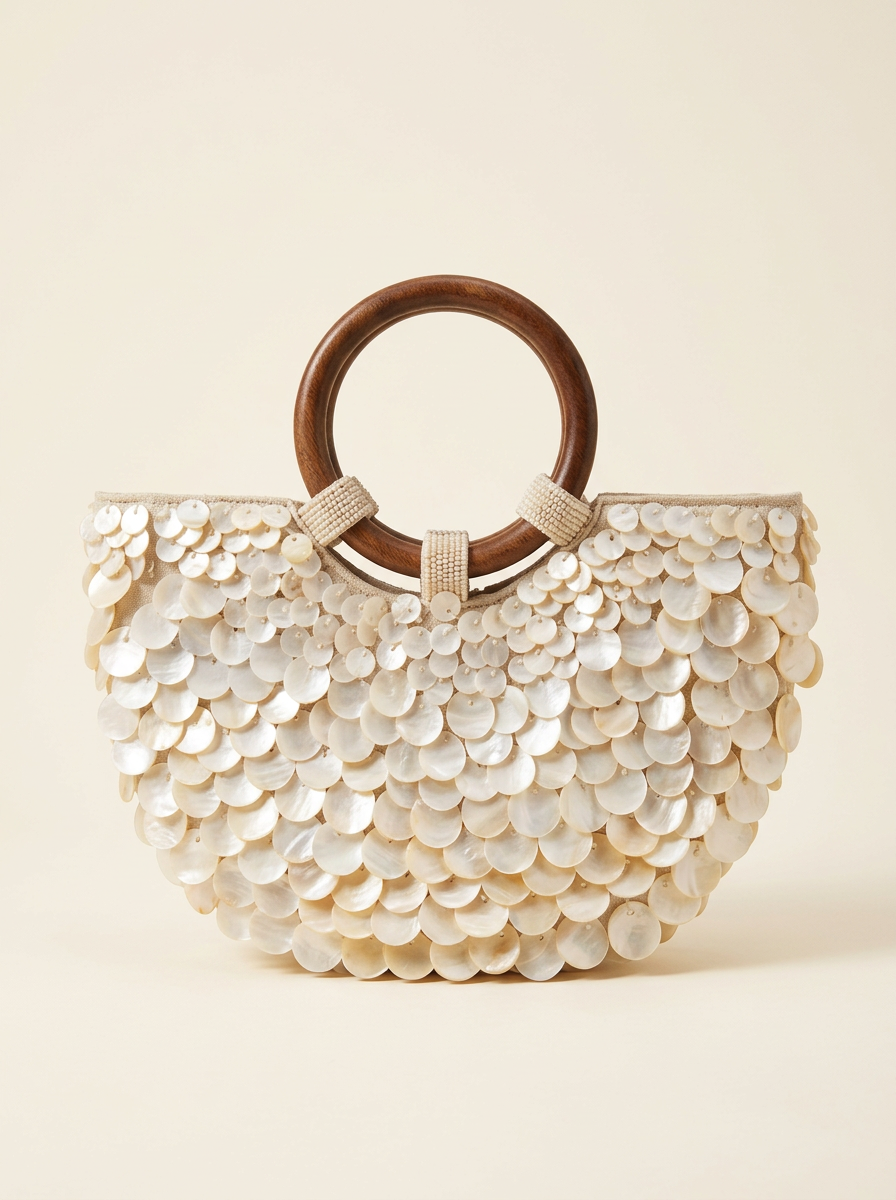 Handmade Shell Handbag Pearl Shell Tote Bag with Wooden Handle