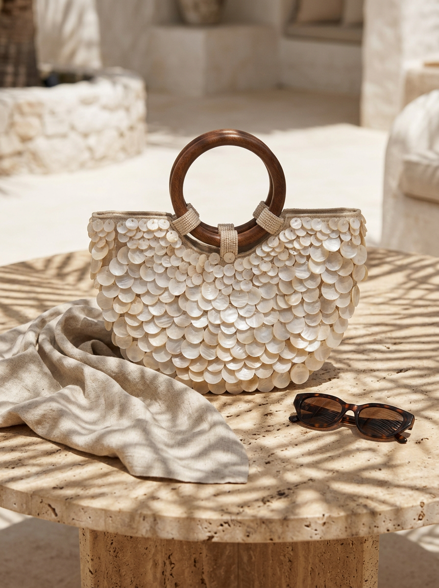 Handmade Shell Handbag Pearl Shell Tote Bag with Wooden Handle
