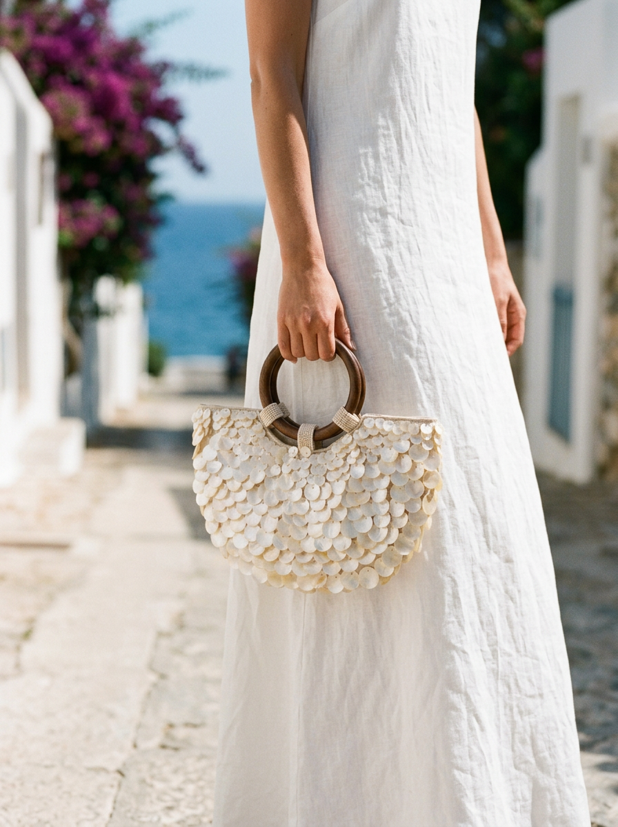 Handmade Shell Handbag Pearl Shell Tote Bag with Wooden Handle