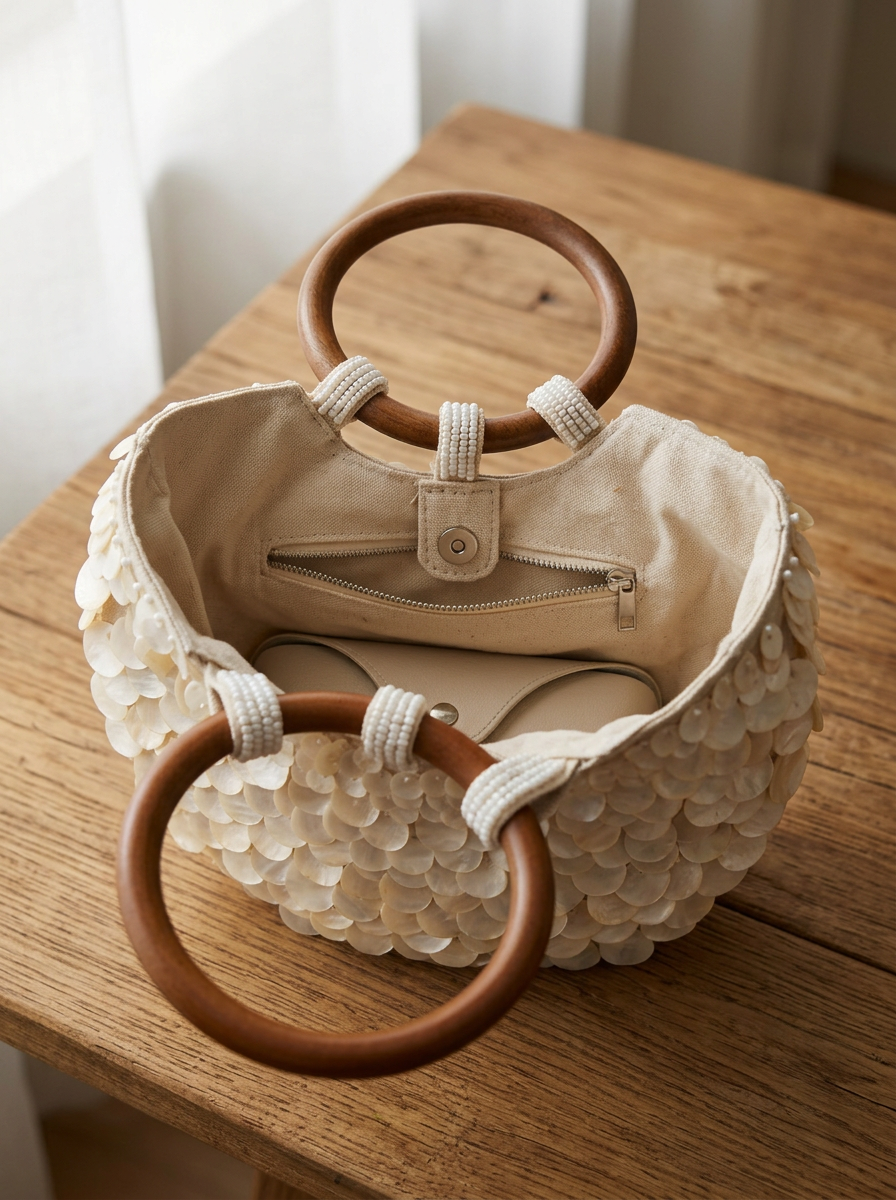 Handmade Shell Handbag Pearl Shell Tote Bag with Wooden Handle