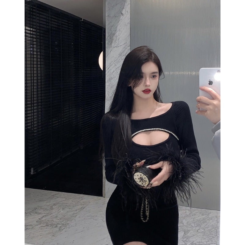 Black Party Dress With Ostrich Feathers.