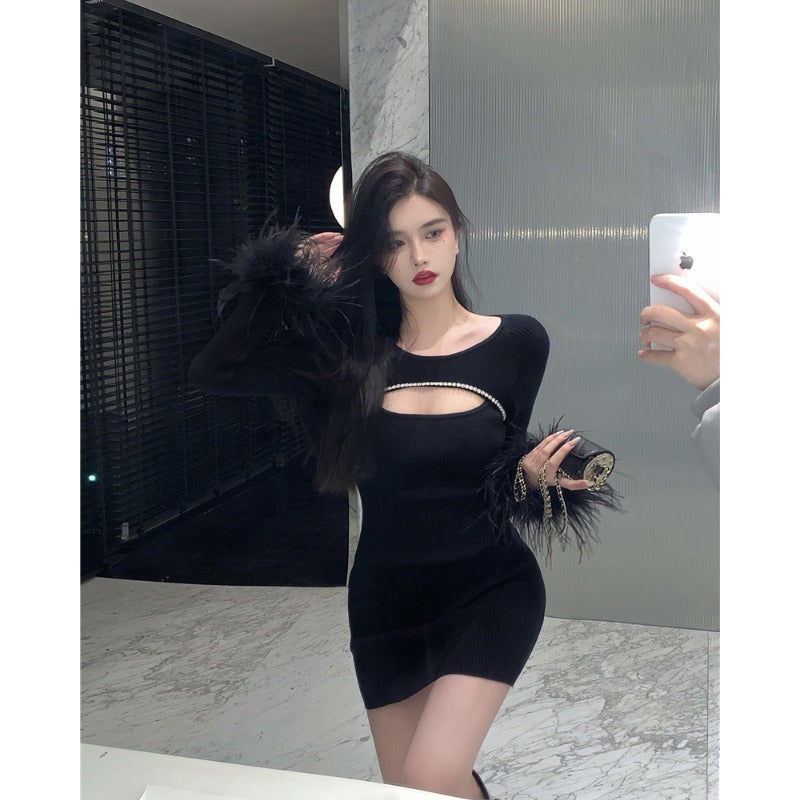 Black Party Dress With Ostrich Feathers.