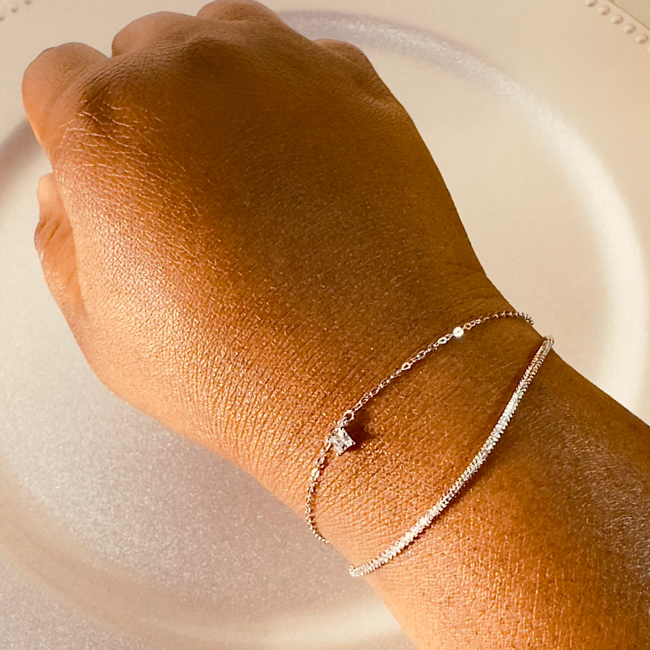Dainty Dual-Layer 925 Sterling Silver Bracelet – Hypoallergenic Everyday Elegance with Pavé & CZ Charm | Child & Teen Safe | Amtikiss Casuals