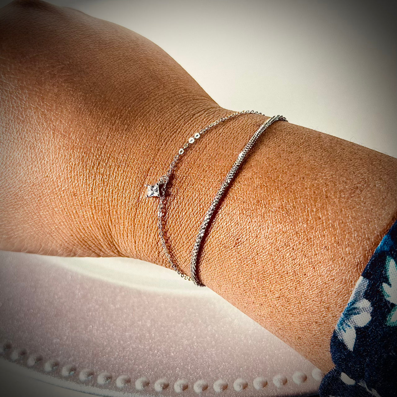 Dainty Dual-Layer 925 Sterling Silver Bracelet – Hypoallergenic Everyday Elegance with Pavé & CZ Charm | Child & Teen Safe | Amtikiss Casuals
