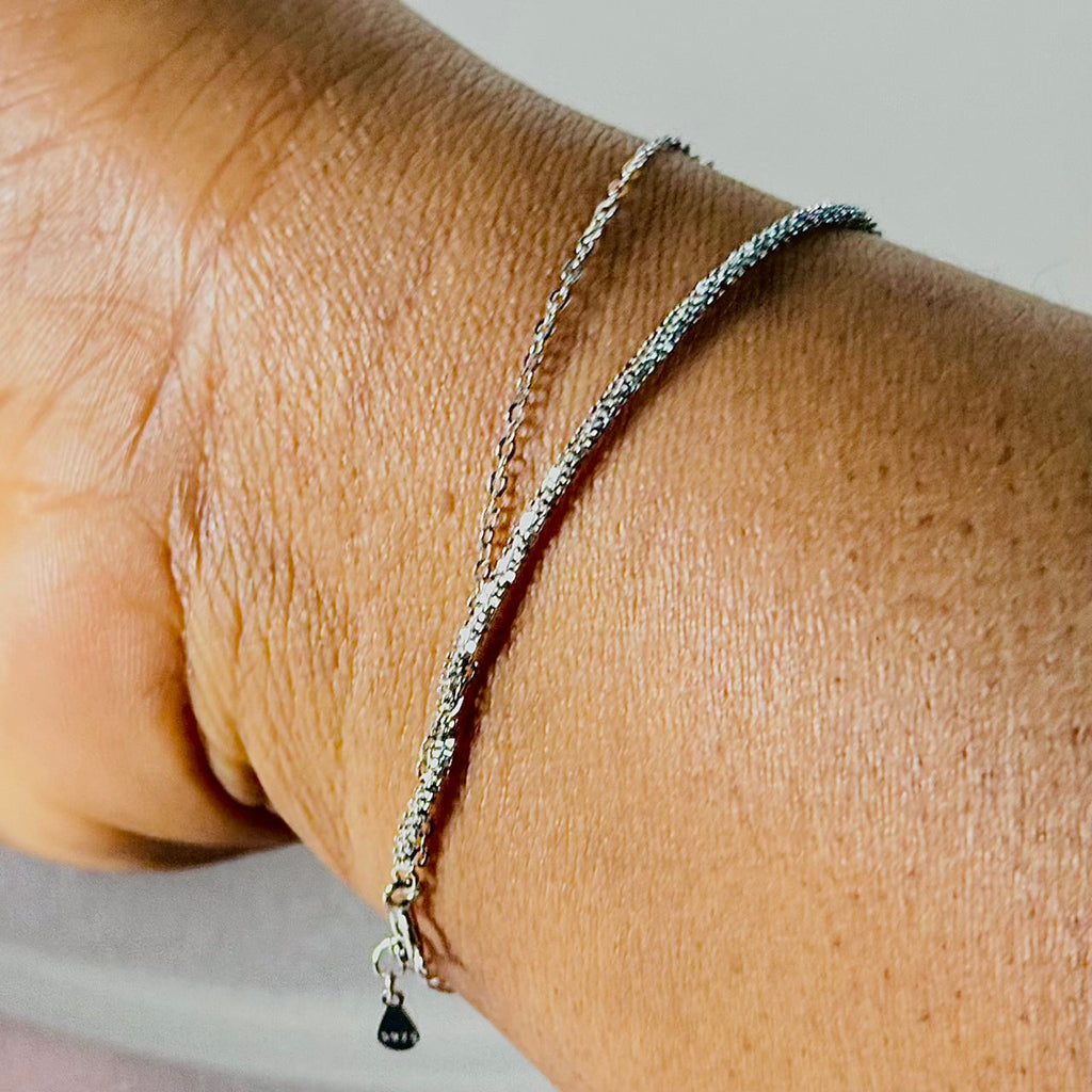 Dainty Dual-Layer 925 Sterling Silver Bracelet – Hypoallergenic Everyday Elegance with Pavé & CZ Charm | Child & Teen Safe | Amtikiss Casuals