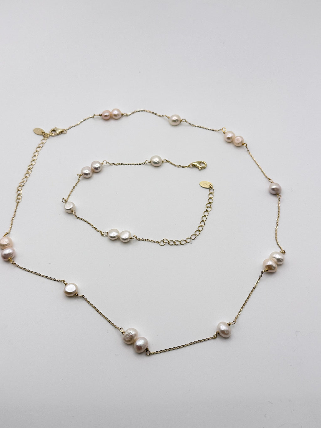 Luxe Pearl Station Necklace & Bracelet Jewelry Set - 925 Sterling Silver with 14K Gold Plating | Child & Teen Safe | Amtikiss Casuals