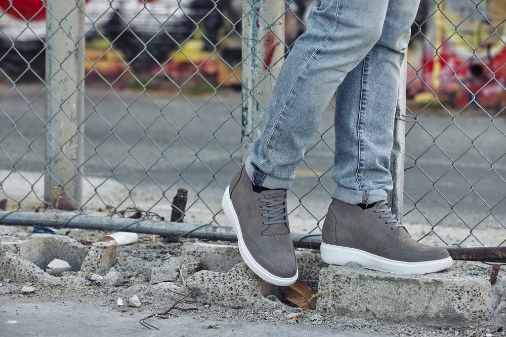Men's Grey Casual Chunky Sole Boots Soft Pebble Grain Nubuck Leather J1771