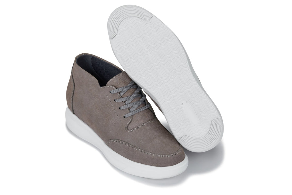 Men's Grey Casual Chunky Sole Boots Soft Pebble Grain Nubuck Leather J1771