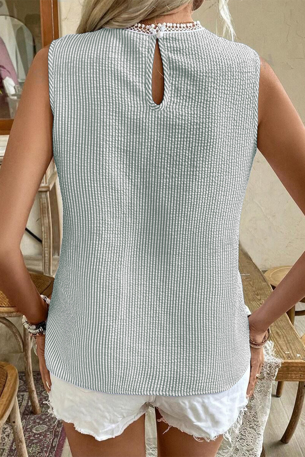 Claudia-Green Stripe Lace Crew Neck Tank Top