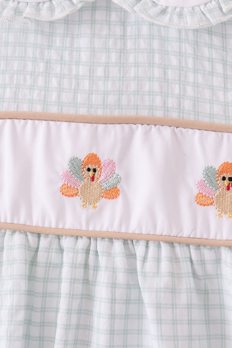Green plaid turkey embroidery ruffle dress