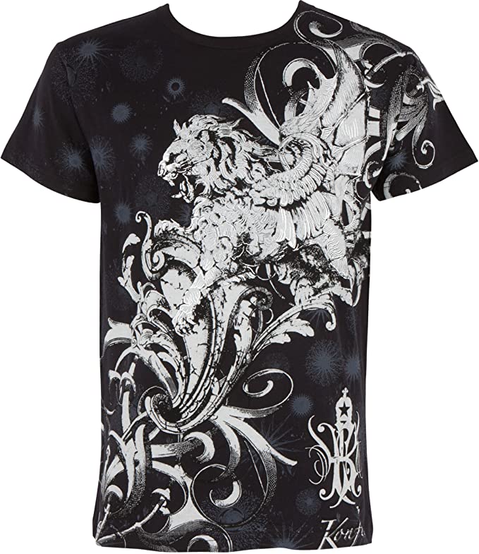 Lion and Vines Metallic Silver Embossed Cotton Mens T-Shirt