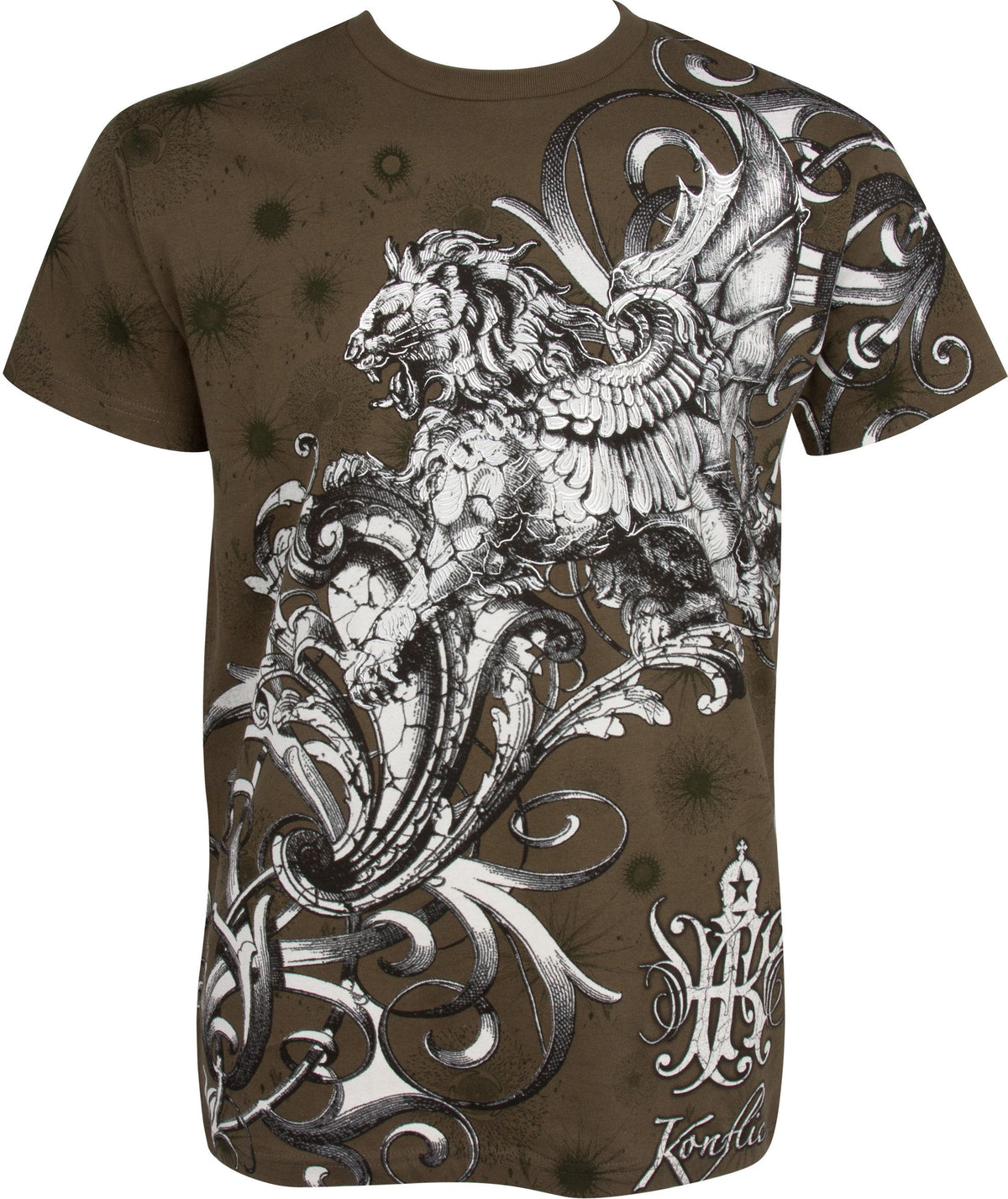 Lion and Vines Metallic Silver Embossed Cotton Mens T-Shirt