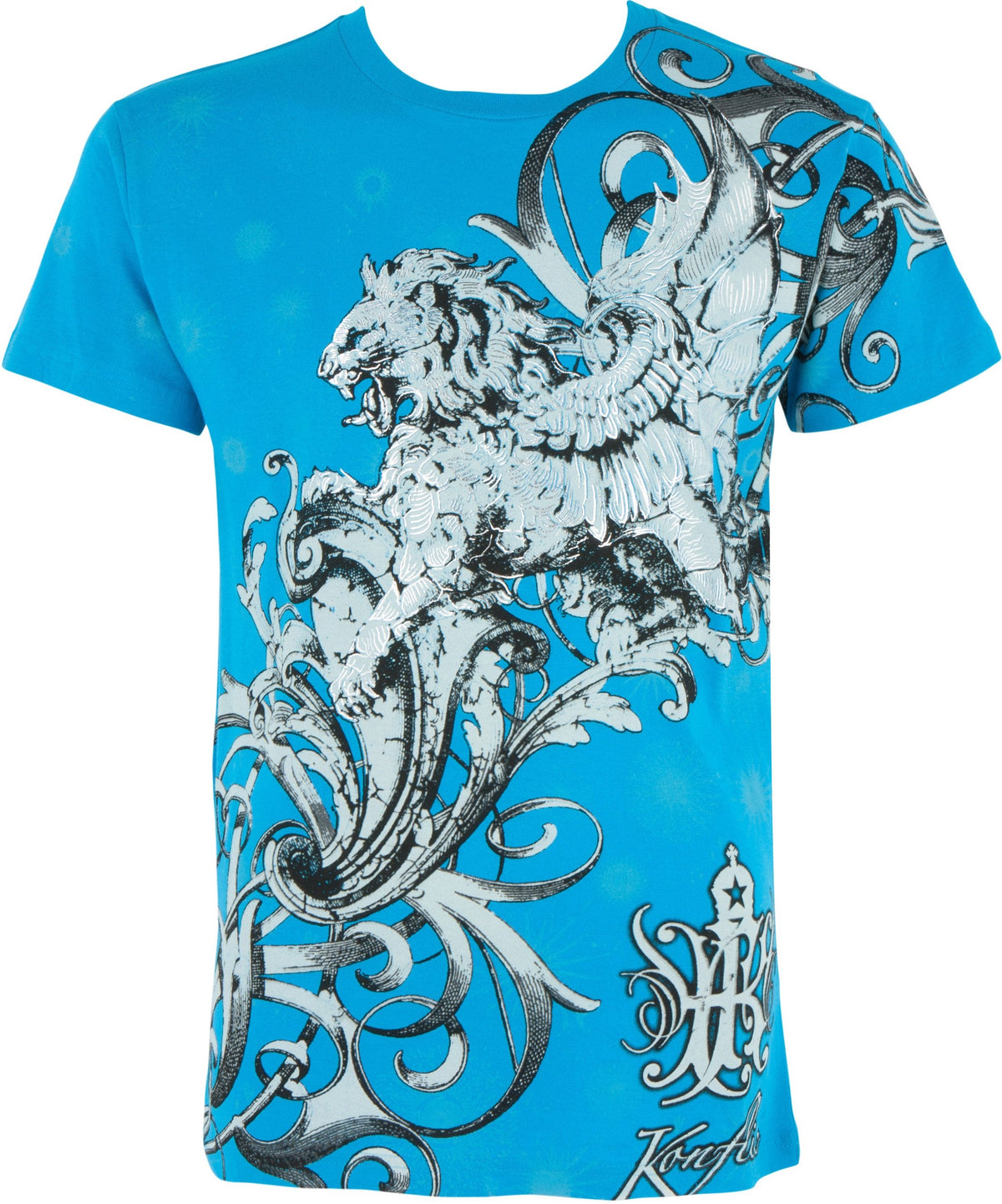 Lion and Vines Metallic Silver Embossed Cotton Mens T-Shirt