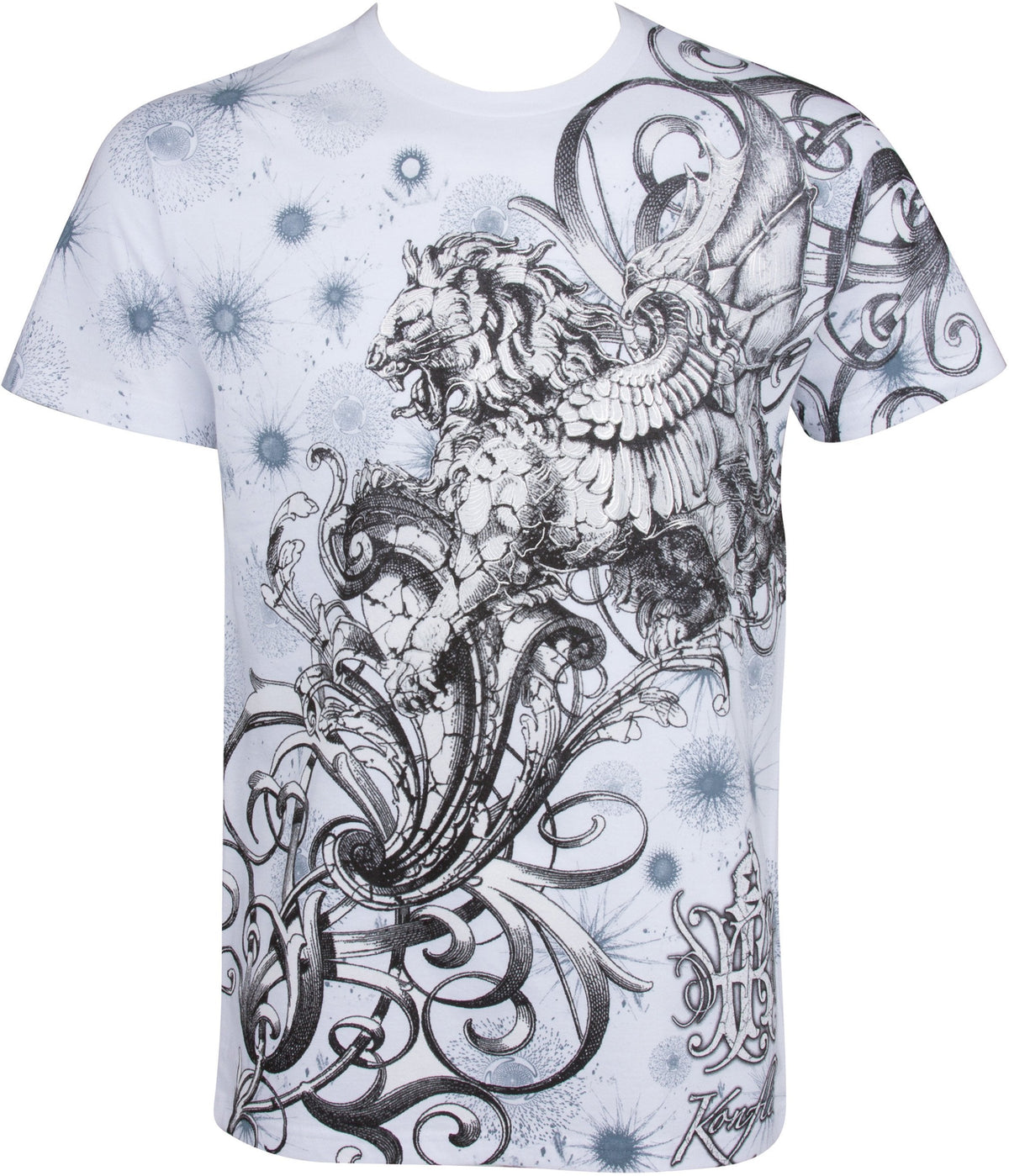 Lion and Vines Metallic Silver Embossed Cotton Mens T-Shirt