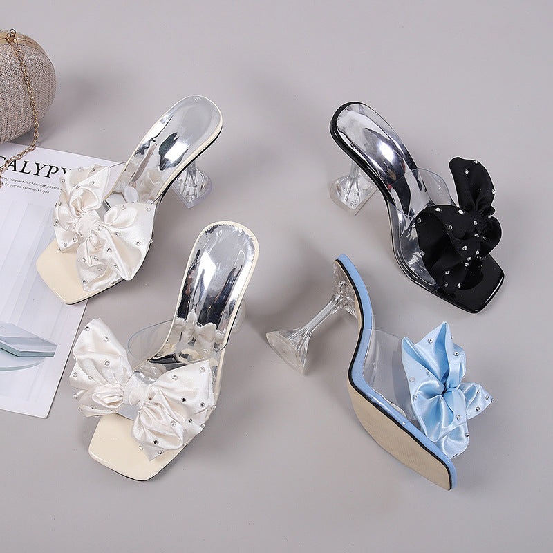 Summer Transparent Ankle Strap Sexy Open Toe Stiletto Heel Slippers Rhinestone