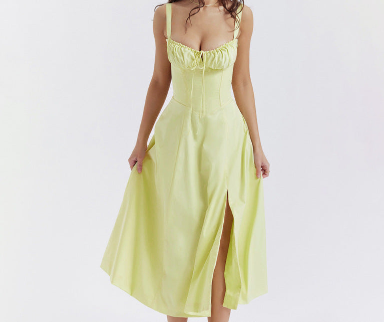 Sleeveless Strapless Bandage Corset Dress - Floral Print Long Midi Dress with Lace Up Back & Thigh Slit