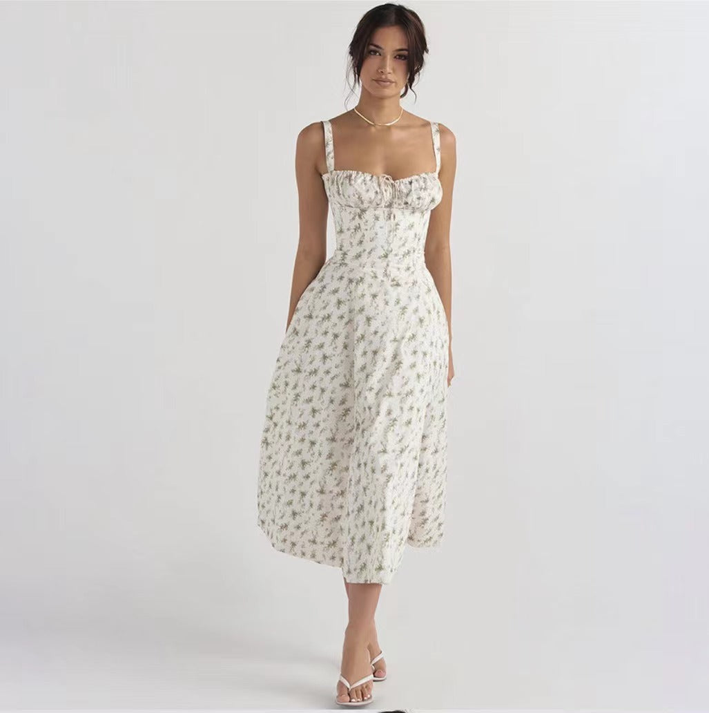 Sleeveless Strapless Bandage Corset Dress - Floral Print Long Midi Dress with Lace Up Back & Thigh Slit