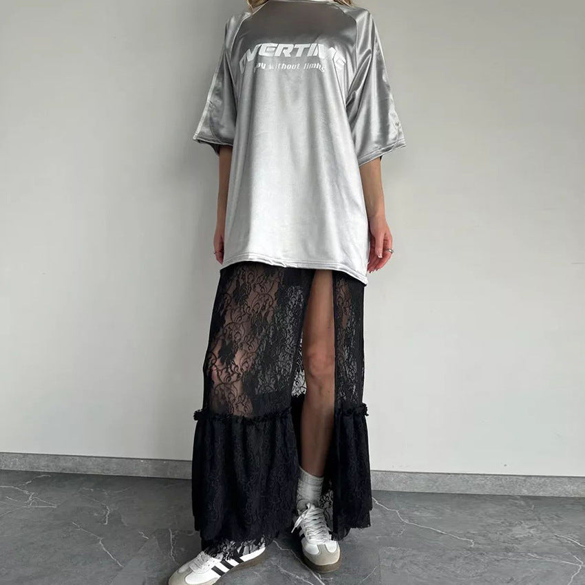 Sexy Brocade Lace Maxi Dress Stitching Hollow Out Cutout out See through Dress