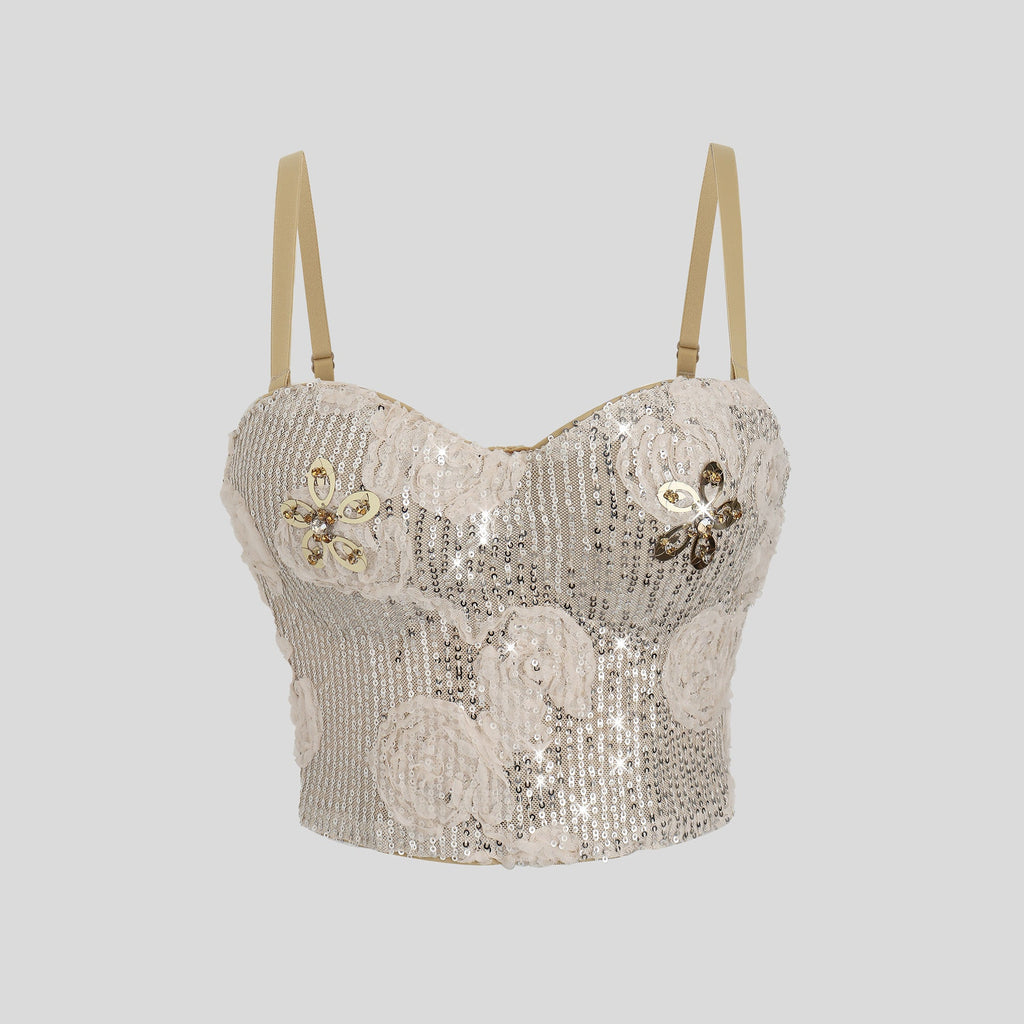 Three Dimensional Floral Sequ French High Waist Petite Boning Corset