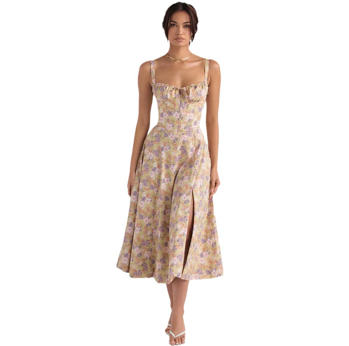 Sleeveless Strapless Bandage Corset Dress - Floral Print Long Midi Dress with Lace Up Back & Thigh Slit