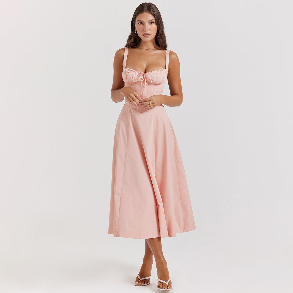 Sleeveless Strapless Bandage Corset Dress - Floral Print Long Midi Dress with Lace Up Back & Thigh Slit