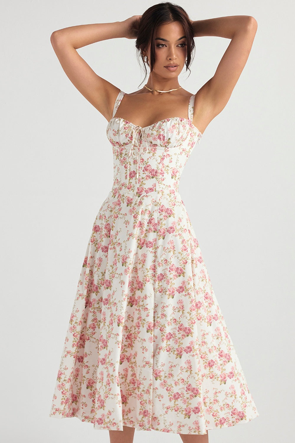 Sleeveless Strapless Bandage Corset Dress - Floral Print Long Midi Dress with Lace Up Back & Thigh Slit