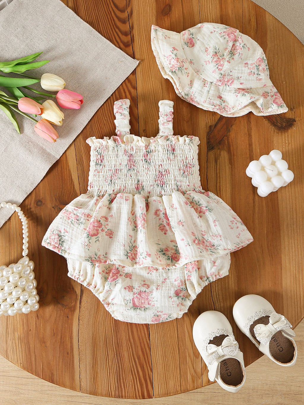 Muslin Summer Floral Print Smocked Baby Girl Romper Set Hat