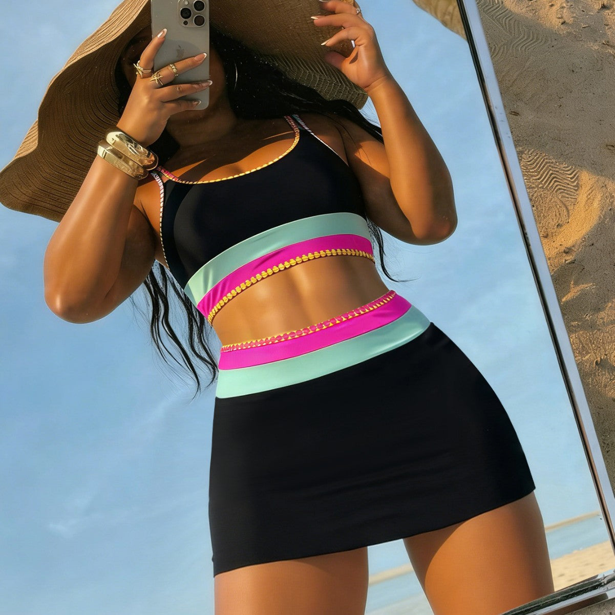 Contrast Bikini Three Piece Set with Cover Skirt Swimsuit for Women