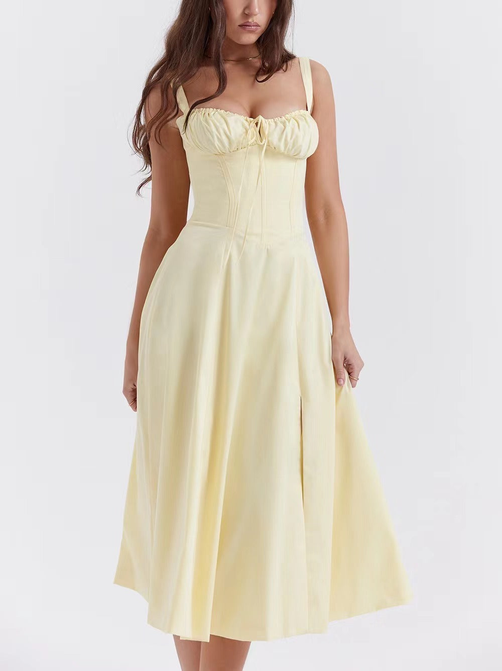 Sleeveless Strapless Bandage Corset Dress - Floral Print Long Midi Dress with Lace Up Back & Thigh Slit