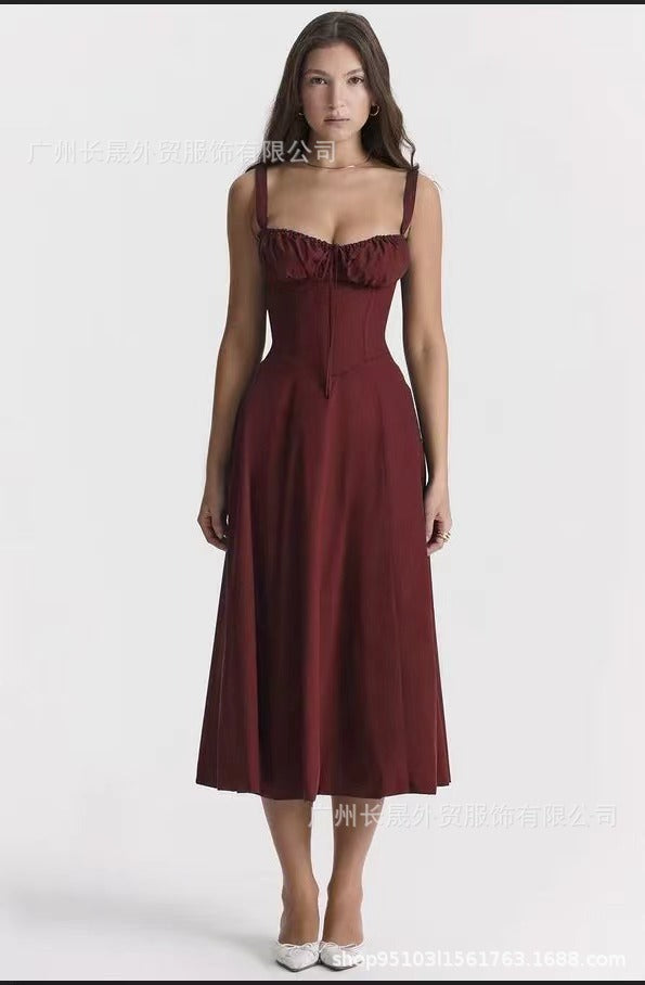 Sleeveless Strapless Bandage Corset Dress - Floral Print Long Midi Dress with Lace Up Back & Thigh Slit