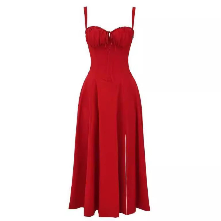 Sleeveless Strapless Bandage Corset Dress - Floral Print Long Midi Dress with Lace Up Back & Thigh Slit