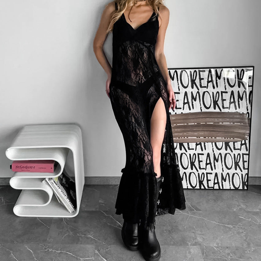 Sexy Brocade Lace Maxi Dress Stitching Hollow Out Cutout out See through Dress