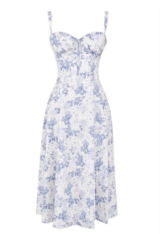 Sleeveless Strapless Bandage Corset Dress - Floral Print Long Midi Dress with Lace Up Back & Thigh Slit