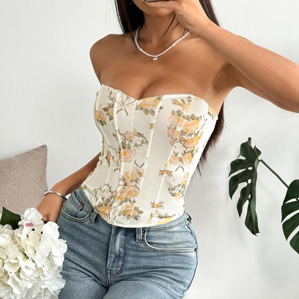 Sexy Low Cut Backless Floral Wrapped Chest Rhombus Boning Corset Waist Vest