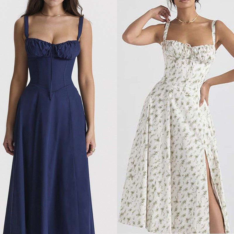 Sleeveless Strapless Bandage Corset Dress - Floral Print Long Midi Dress with Lace Up Back & Thigh Slit