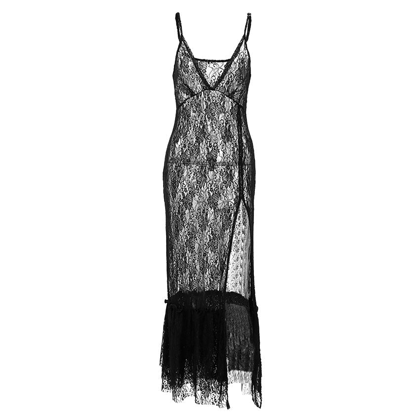 Sexy Brocade Lace Maxi Dress Stitching Hollow Out Cutout out See through Dress