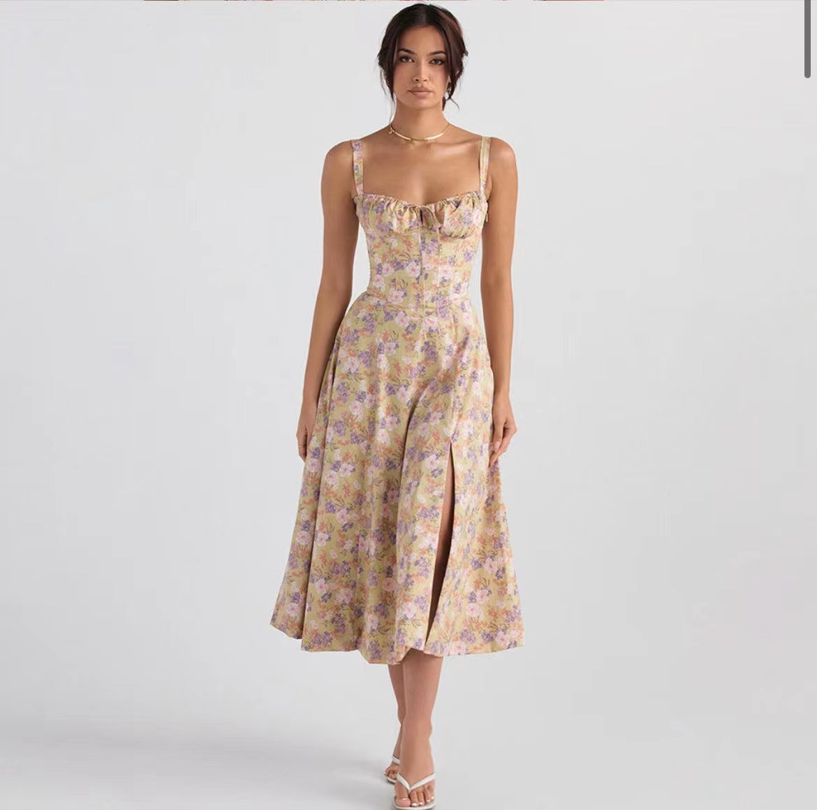 Sleeveless Strapless Bandage Corset Dress - Floral Print Long Midi Dress with Lace Up Back & Thigh Slit