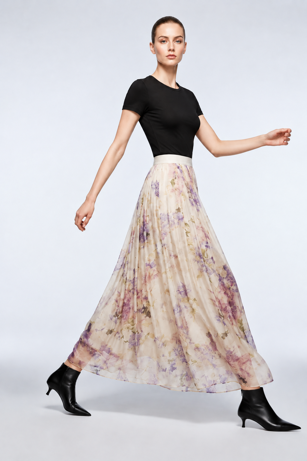 BYMANYC Women's Park Avenue Purple Floral Tulle Pleated Midi Skirt