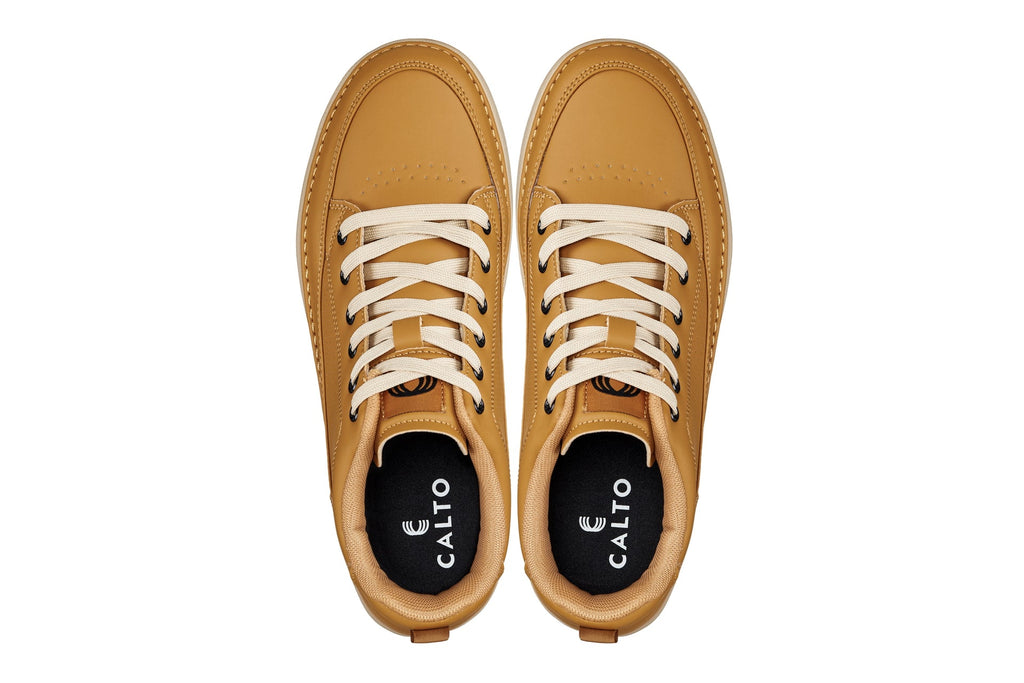 CALTO - Q274  - 2 Inches Taller (Camel Brown & Gum Sole) - Elevated Leatherette Micro-Perforated Sneakers