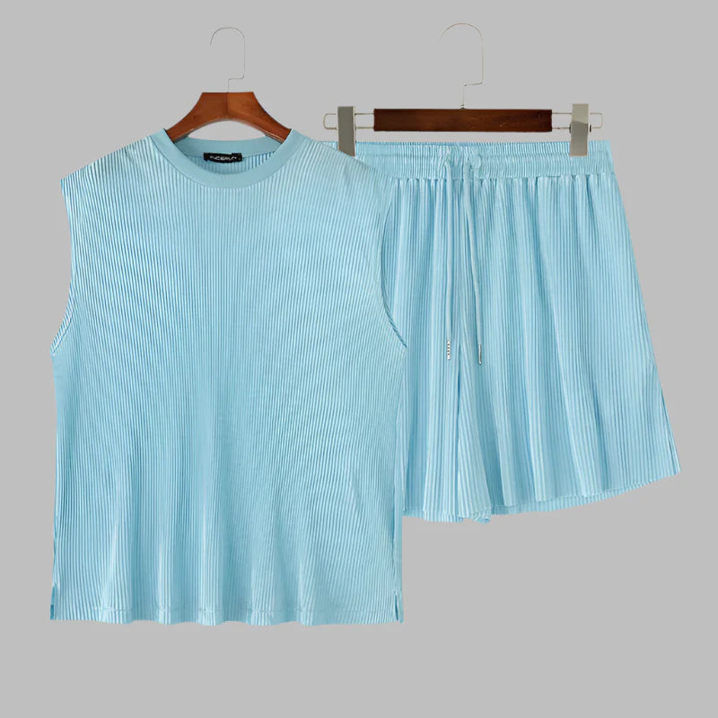 Men's Summer Pleated Sleeveless Tank Beach Set