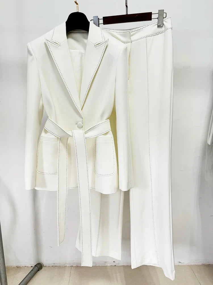 HIGH STREET Newest Fashion 2026 Suit Set Women's Contrast Stitching Belted Blazer Pants Suit 2pcs
