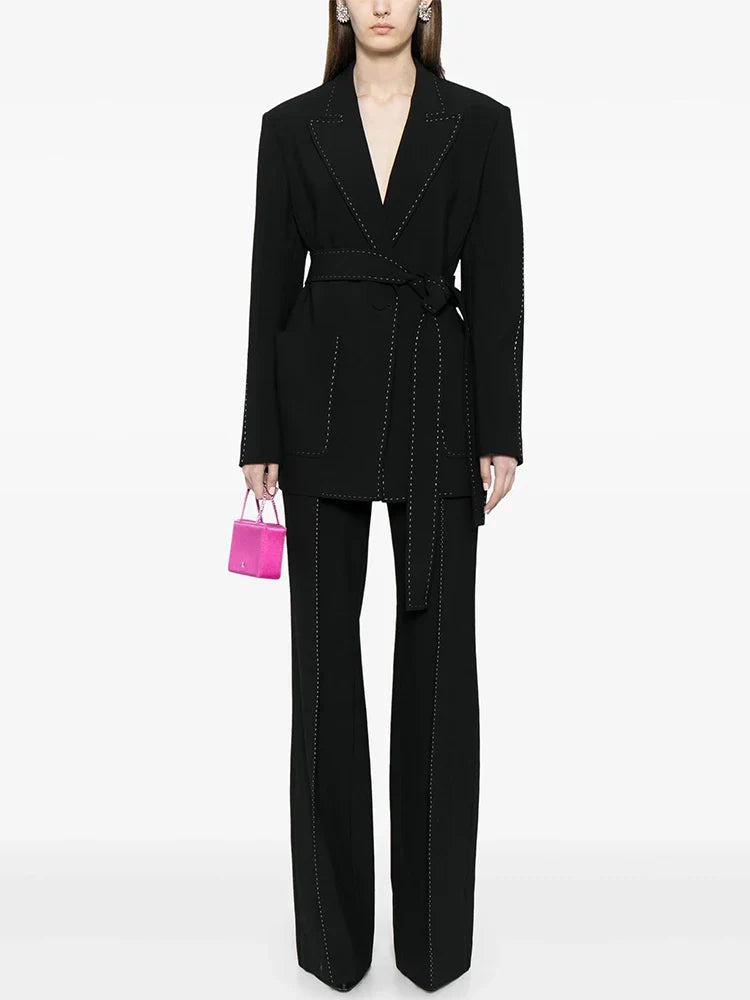 HIGH STREET Newest Fashion 2026 Suit Set Women's Contrast Stitching Belted Blazer Pants Suit 2pcs