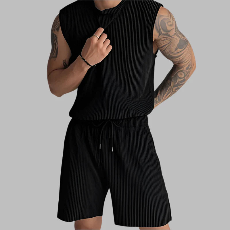 Men's Summer Pleated Sleeveless Tank Beach Set
