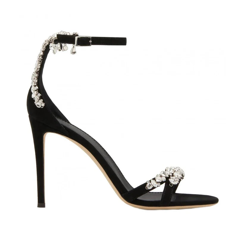 Black High Heels, Women's Stiletto Buckle Rhinestone Open Toe Round Toe Sandals